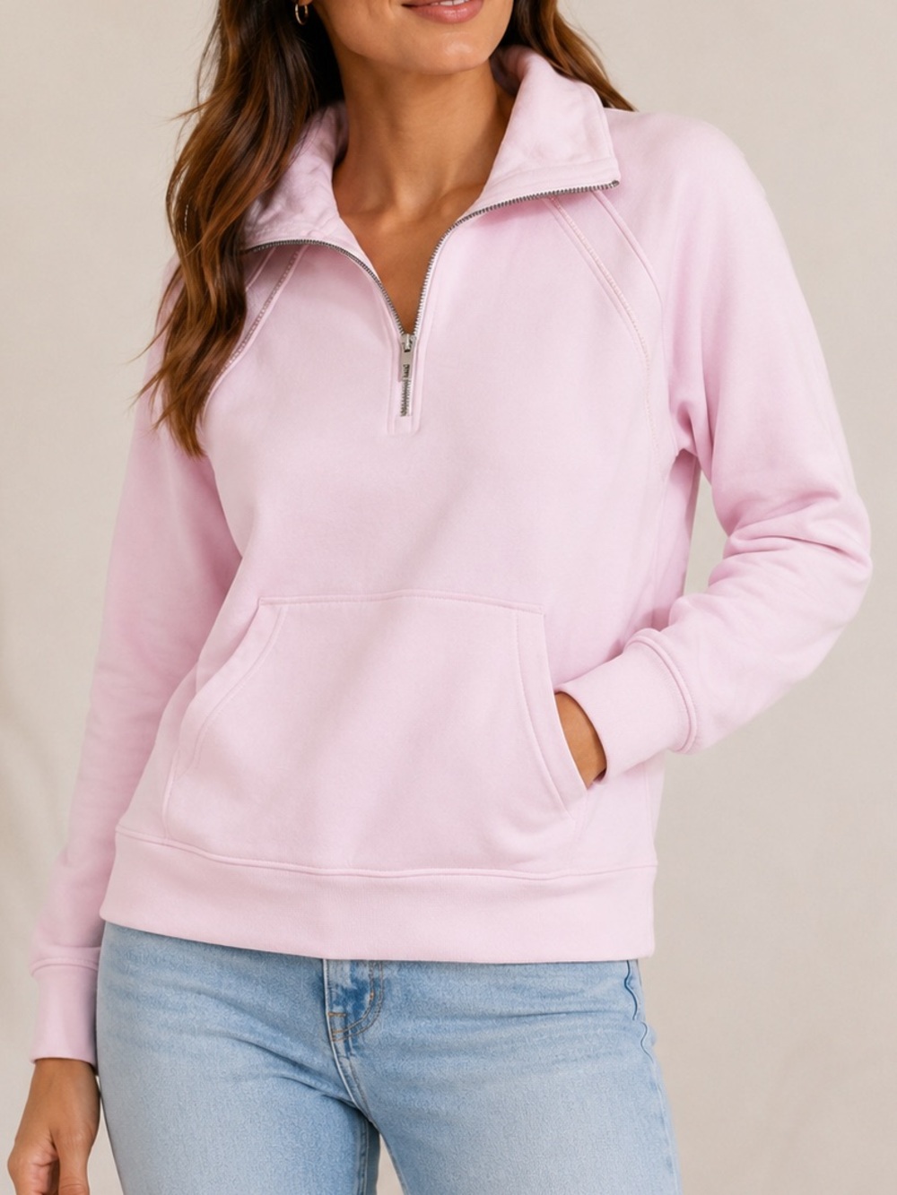 Jockey Pink Fleece Quarter Zip Pullover Sweatshirt Kangaroo Pocket XL NWOT